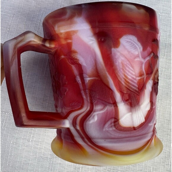 Imperial Glass End Of Day Slag Glass Mug Robins & Flowers Red Yellow White MINT - Picture 9 of 15